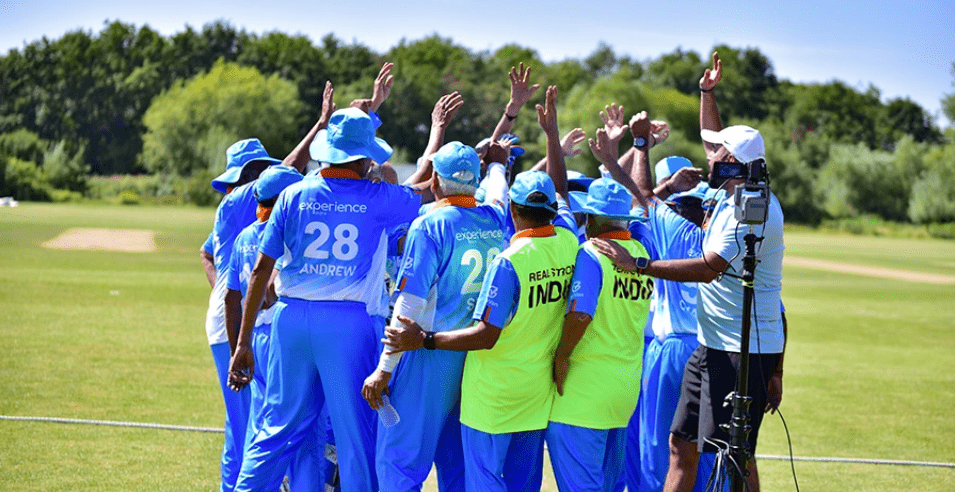 Veteran cricketers celebrating district level victory during Uttar Pradesh tournament