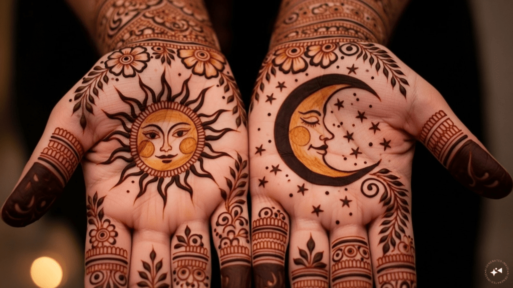 Karwa Chauth mehndi featuring delicate chand pattern with minimal details