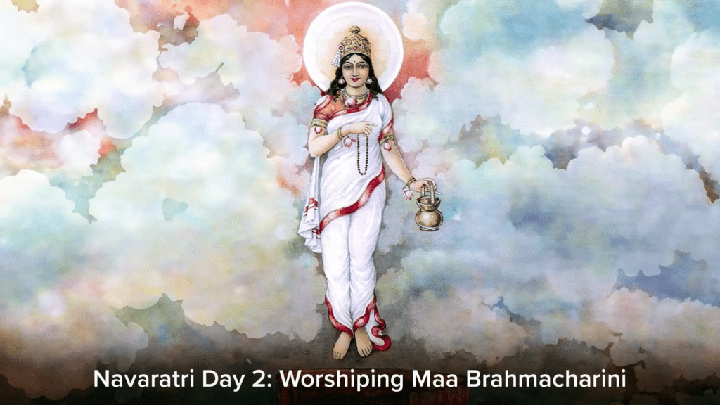 Women wearing red attire worshipping Maa Brahmacharini on Navratri
