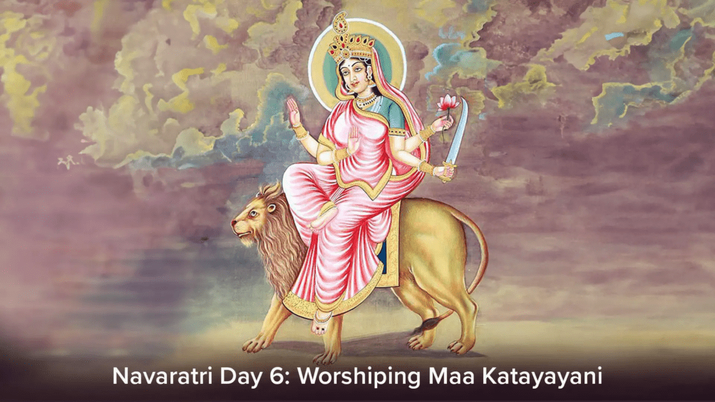 Devotees worshipping Maa Katyayani wearing grey Navratri attire