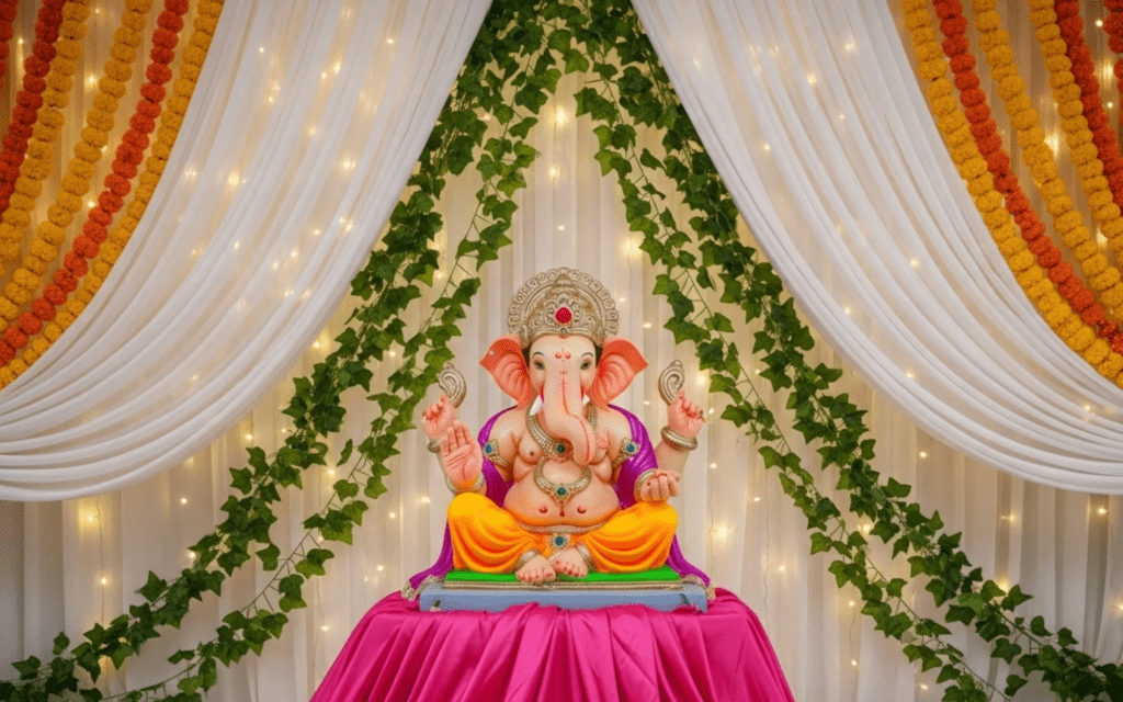 Ganesh Chaturthi celebration with incense, diyas, and calm spiritual ambience in India