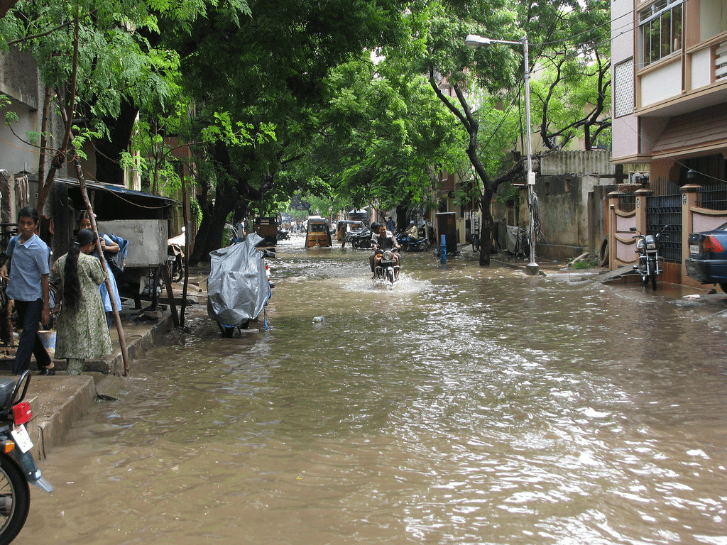 Urban Chennai under heavy rain reflecting impact of worsening weather conditions