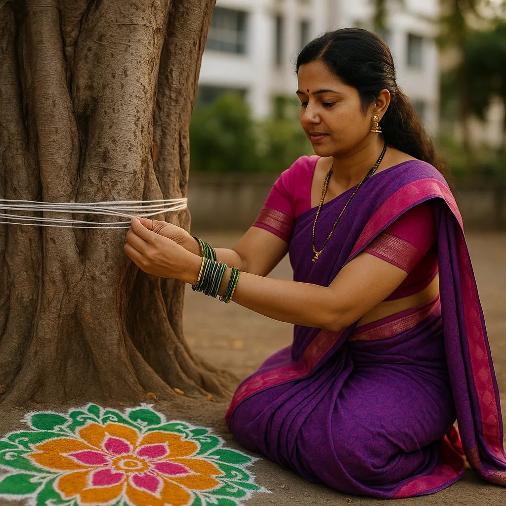 A woman in a purple saree ties thread around a banyan tree for the Vat Purnima ritual, with colorful rangoli beneath and a modern building in the background.