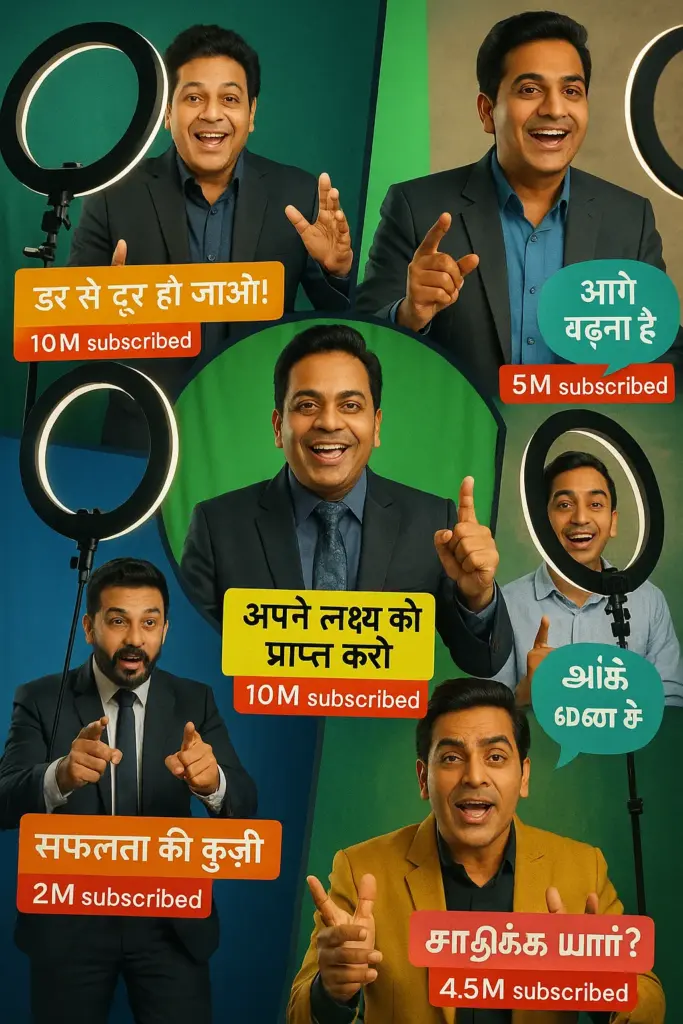 Digital collage of five Indian motivational YouTubers mid-speech, surrounded by ring lights, green screens, and dynamic captions in Hindi and regional languages. Subscriber counts like "10M subscribed" are overlaid in bold colors, capturing the energy of India’s digital creator scene.