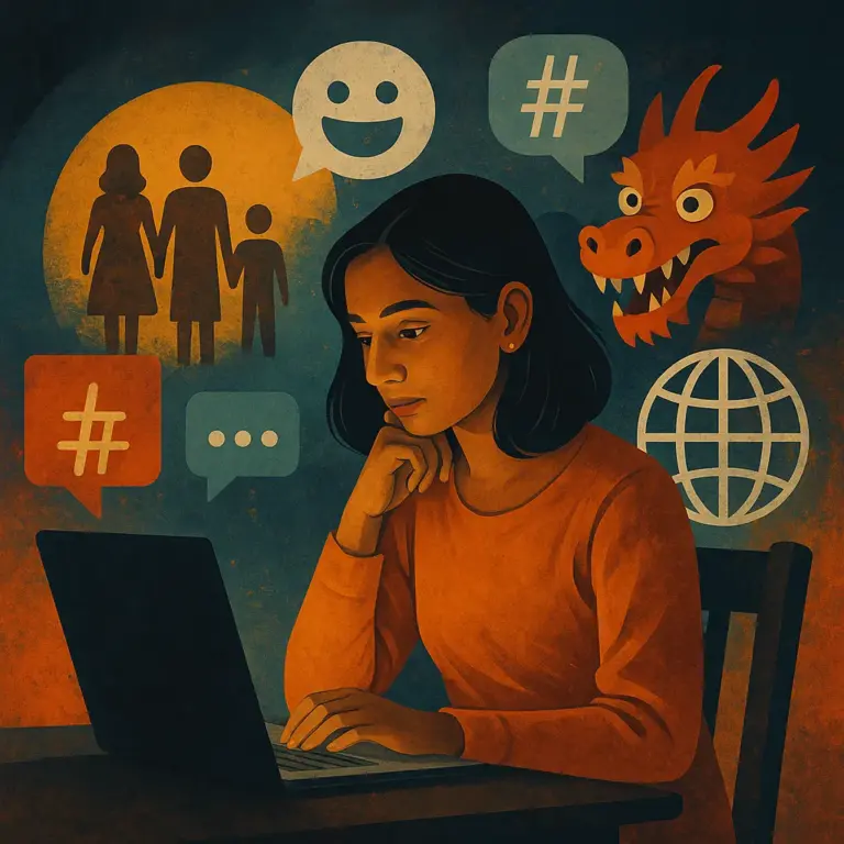 A digital illustration features a young Indian woman at a laptop, surrounded by icons of a family, a dragon, a globe, and hashtags, symbolizing cultural analysis.