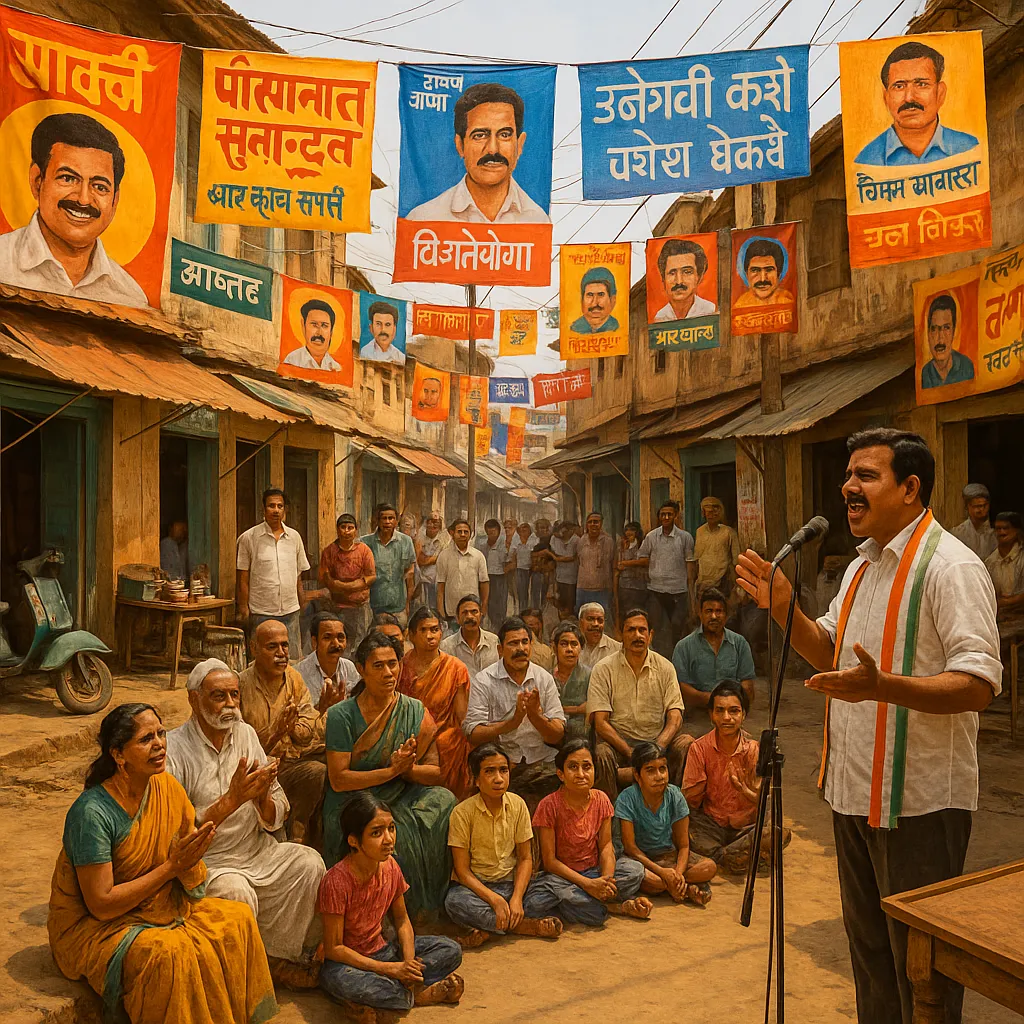 Lively political campaign in a small Indian town. A local politician speaks passionately to a seated crowd of villagers under colorful banners and posters in multiple languages. The street is lined with shops, scooters, and tea stalls in a vibrant, dusty rural setting.