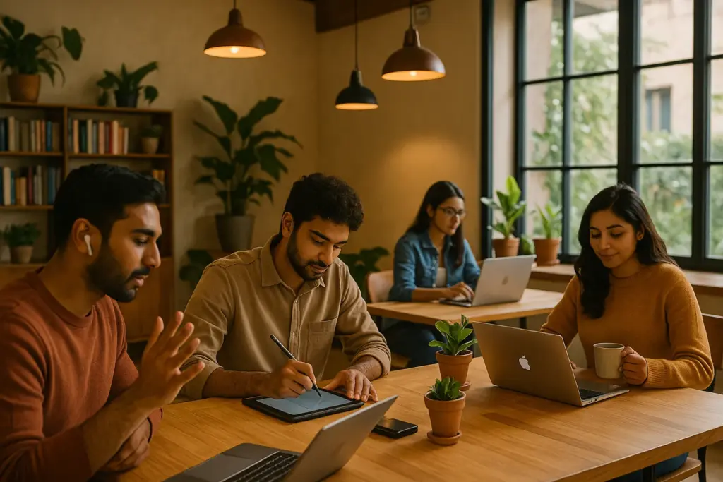 Trendy urban co-working space in India with young Indian freelancers collaborating — one on a video call, one sketching on a tablet, another sipping coffee at a laptop. Warm lighting, plants, and casual workspace vibe.