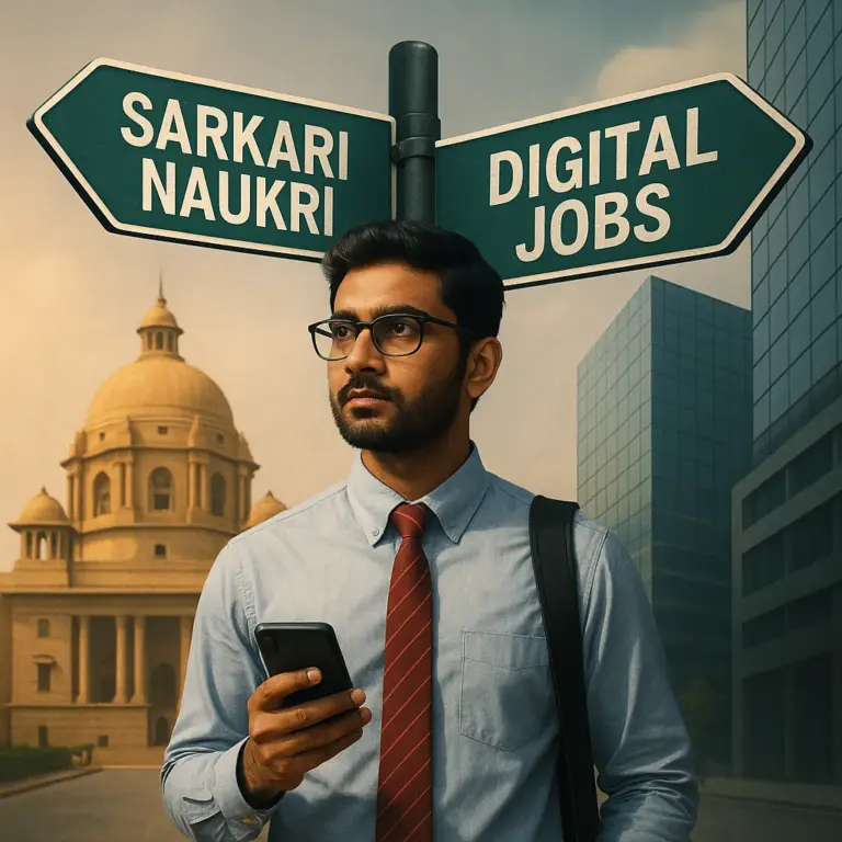 An Indian man in business attire stands at a crossroads holding a phone, with signposts pointing to Sarkari Naukri and Digital Jobs, symbolizing career choices.