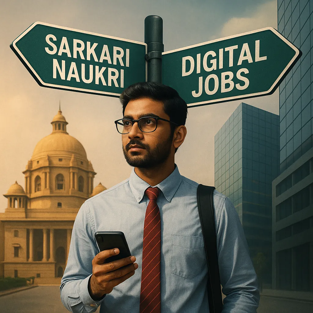 An Indian man in business attire stands at a crossroads holding a phone, with signposts pointing to Sarkari Naukri and Digital Jobs, symbolizing career choices.