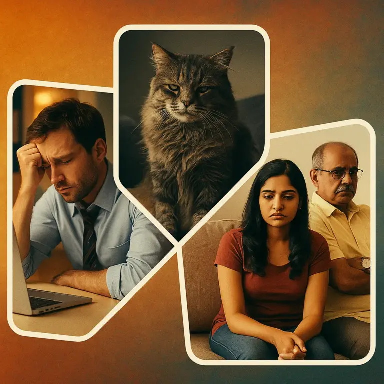 A collage of three photographs connected by bold white lines, showing office burnout, a lonely cat, and a family conflict, reflecting meme themes from 2019.