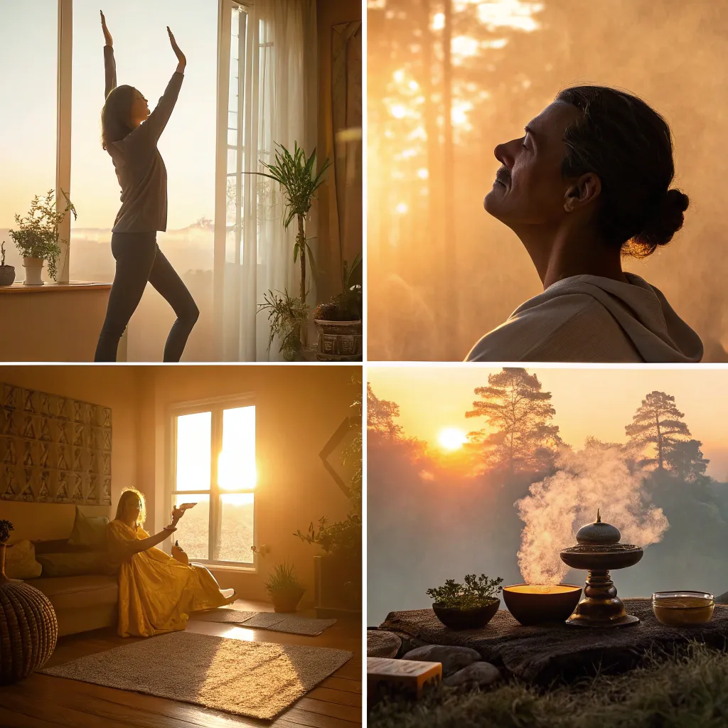 A four-part collage showing holistic wellness: a woman doing yoga in a bright living room, a man meditating in sunlight, a woman chanting by a window, and a spiritual incense setup at sunrise.