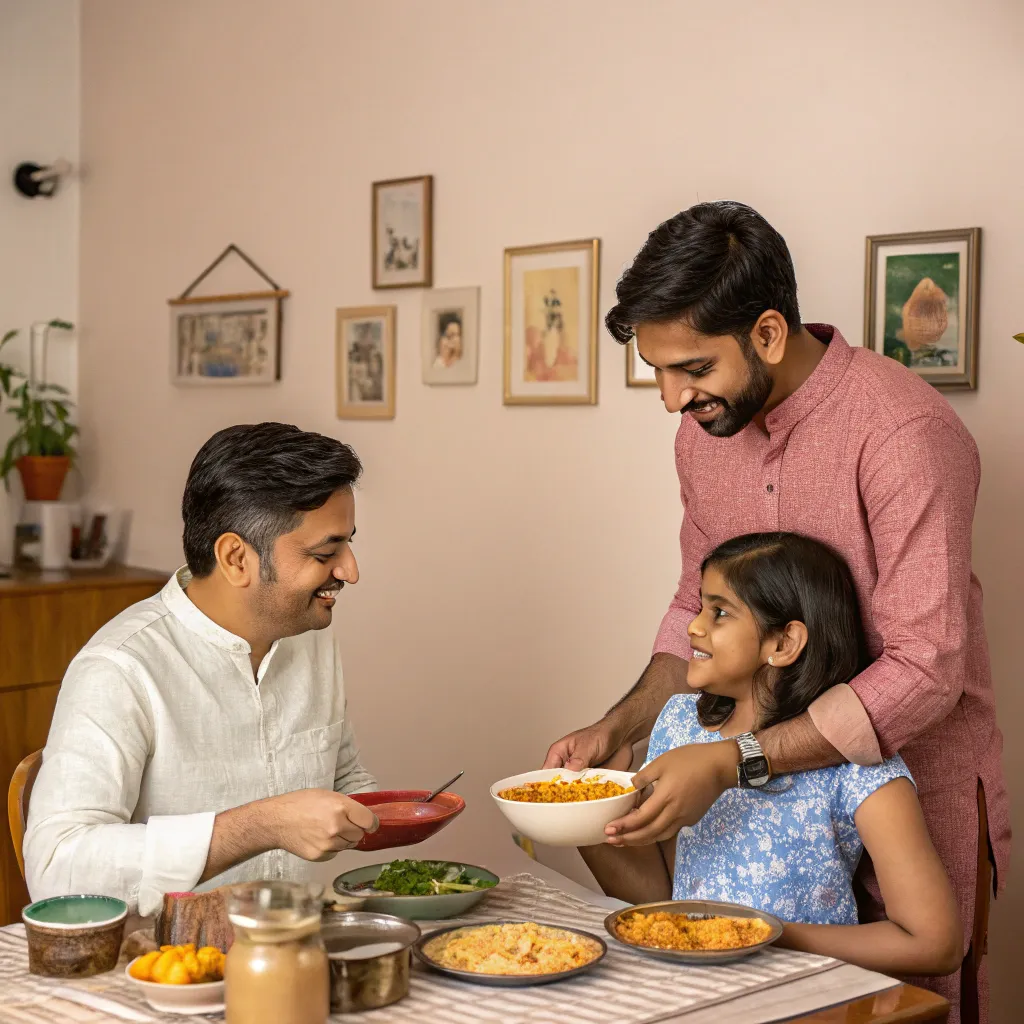 Same-sex Indian couple sharing dinner with their adopted daughter in a cozy home. Everyone smiles warmly, creating a scene of everyday family intimacy.