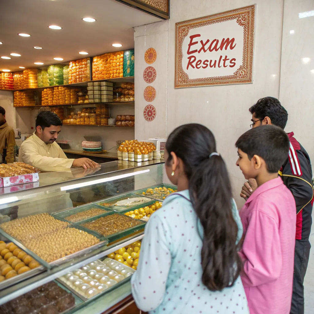 Interior of a traditional Indian sweet shop on exam result day, with children and parents buying laddoos and sweets. A festive sign reading "Exam Results" hangs above the counter.