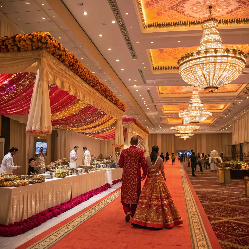 Lavish Indian metro wedding in a grand hall with chandeliers, draped canopies, a bridal couple in traditional attire, and chefs preparing buffet-style catering.