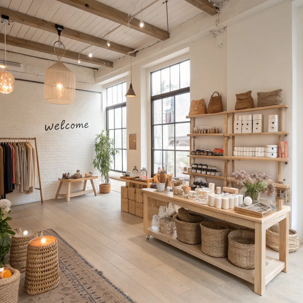 Minimalist boutique store interior with natural light, no screens or digital elements, handmade products and a handwritten "welcome" sign.