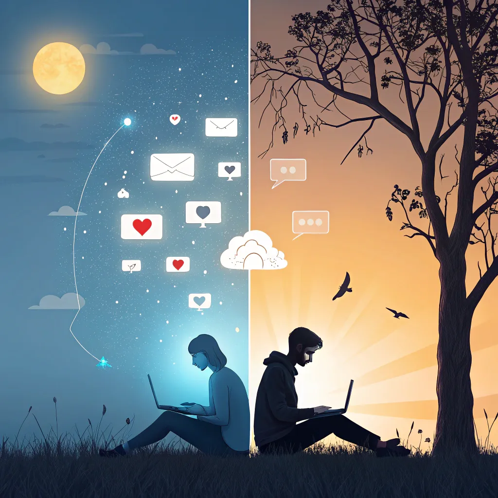 Split scene of two people using laptops: one surrounded by digital noise and icons, the other in a peaceful natural setting with minimal interference.