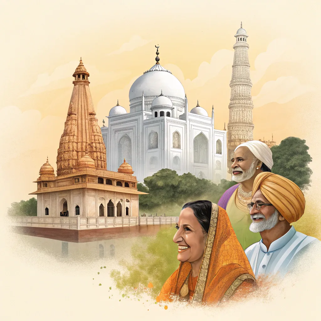 Symbolic collage of Indian diversity featuring the Taj Mahal, a Hindu temple, Qutub Minar, and three elderly people from different cultural backgrounds smiling peacefully. The image blends historical architecture with human warmth, reflecting India’s plural identity.