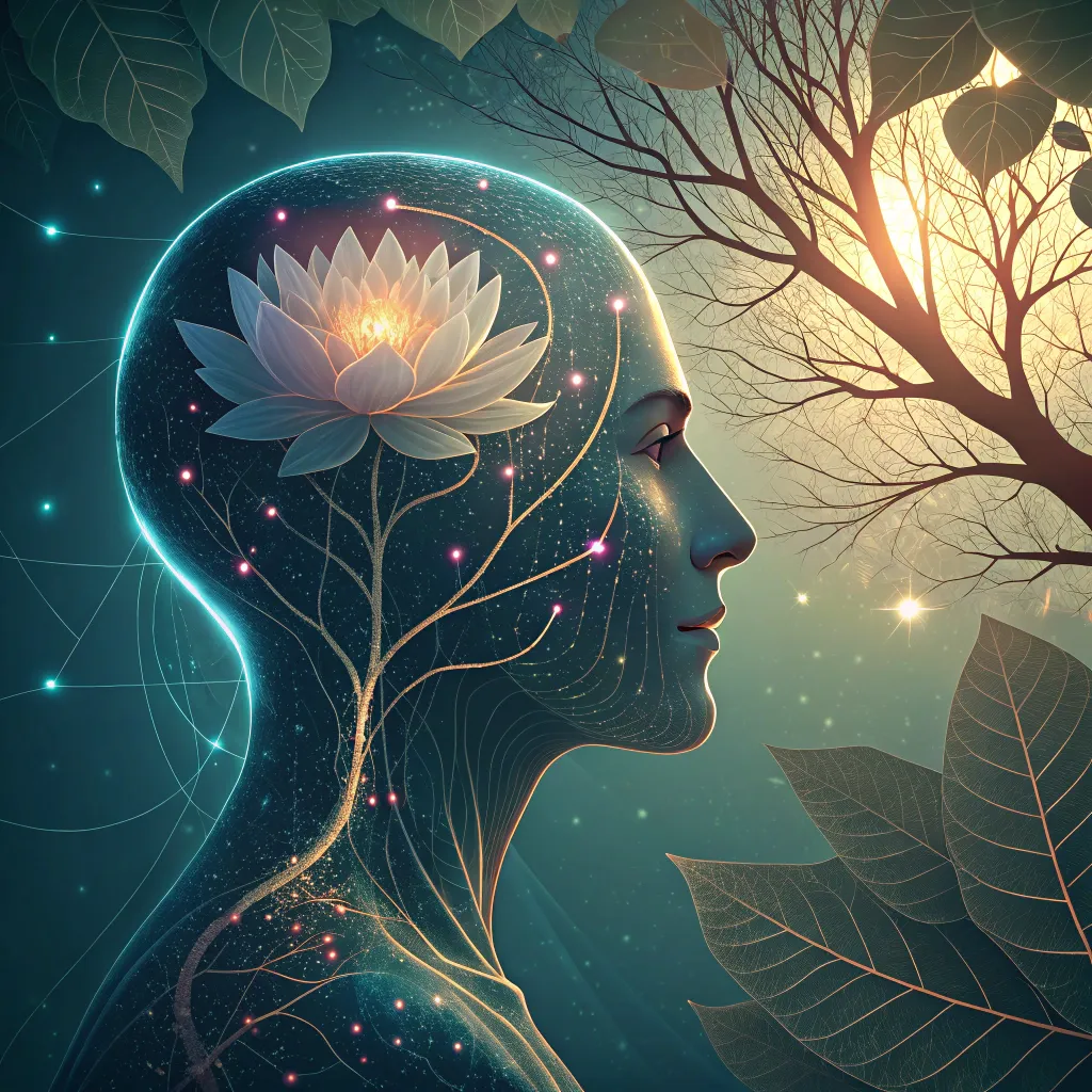 A symbolic digital illustration of a translucent human head filled with glowing neural lines, a blooming lotus, and natural patterns, blending technology and inner consciousness.