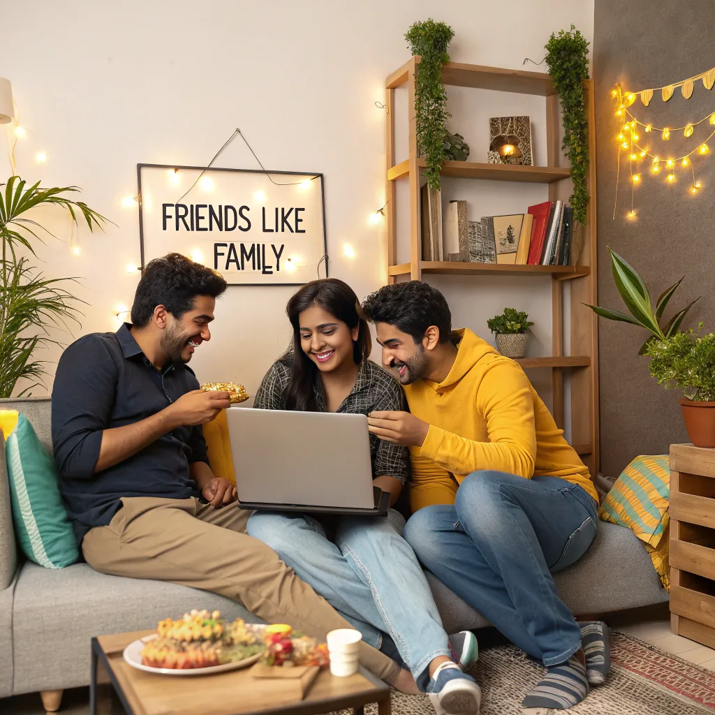 Three young Indian friends sitting on a couch in a cozy urban apartment, laughing and watching something on a laptop. Wall decor says "Friends Like Family."