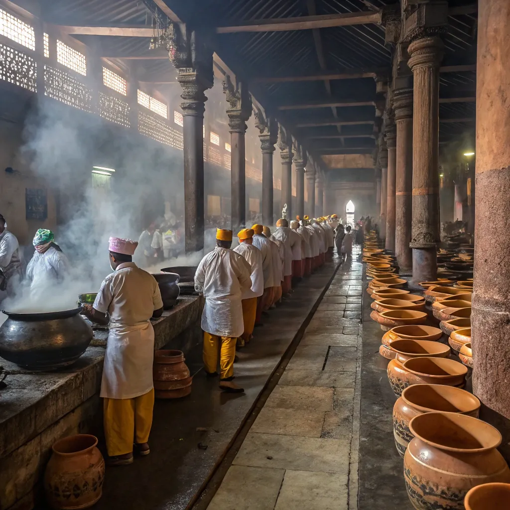 Vast kitchen inside Lord Jagannath temple in Puri, with dozens of traditional cooks in uniform preparing meals over large cauldrons and rows of earthen pots under ancient stone arches.