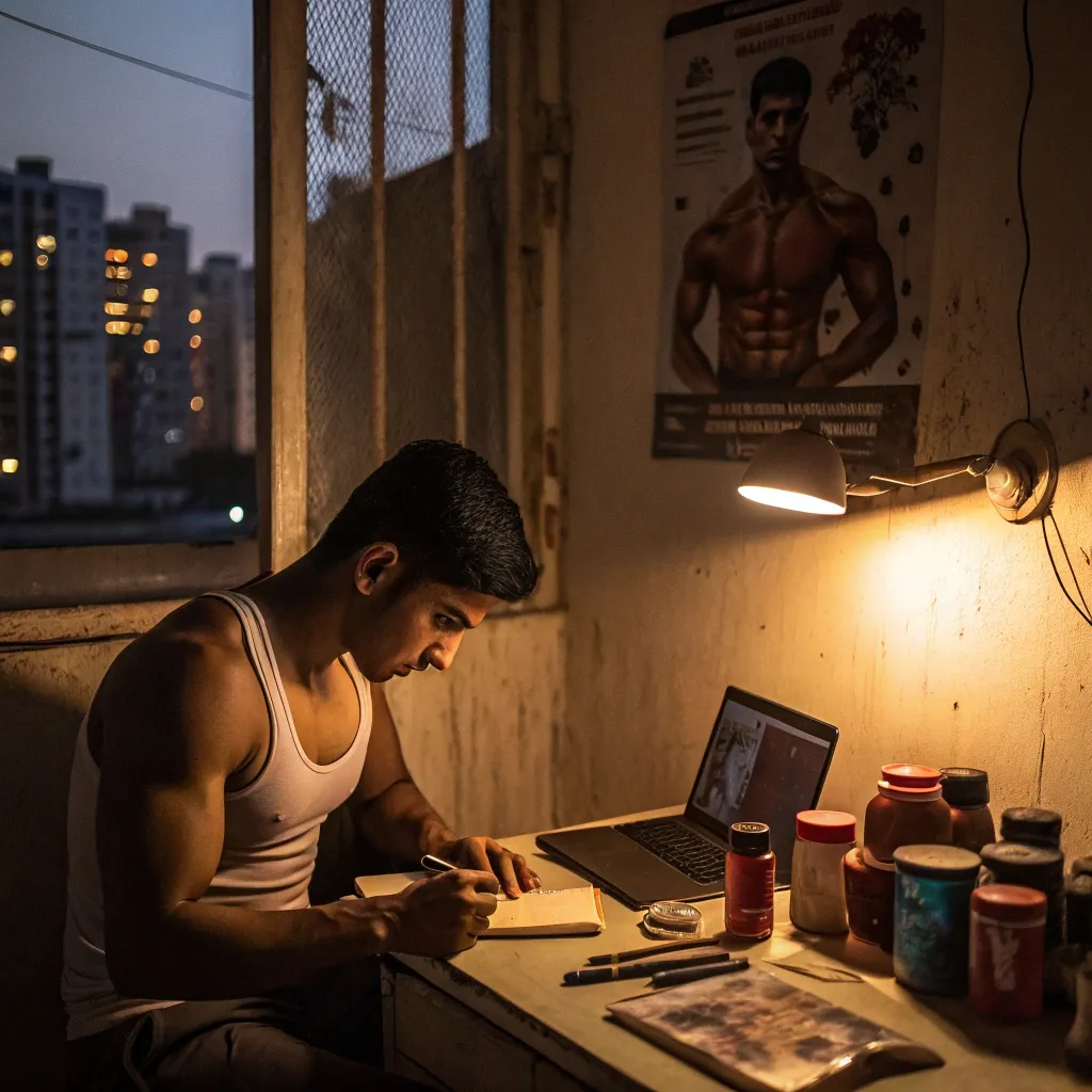 Young Indian man in his early 20s studying under a desk lamp, surrounded by protein supplement jars, with a laptop and fitness poster on the wall behind him.