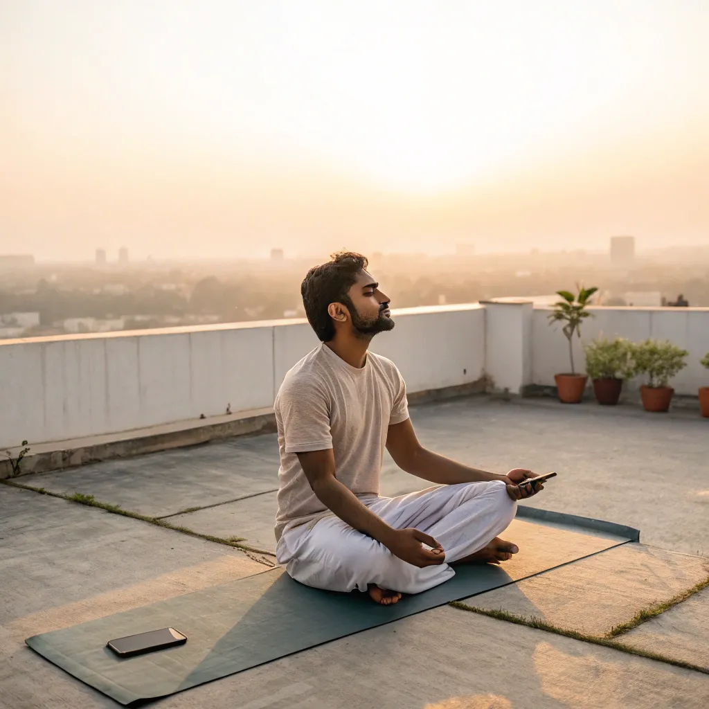 Young Indian man meditating cross-legged on a rooftop at sunrise, eyes closed, with a smartphone beside him. A calm urban skyline and warm light set the tone for introspection.