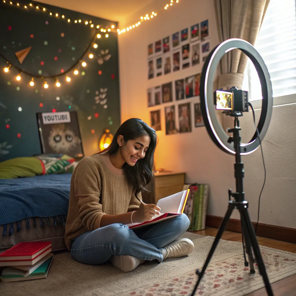 Young Indian woman in her 20s sitting cross-legged on the floor, smiling and writing in a notebook, filming herself with a smartphone and ring light in a cozy, decorated bedroom. A YouTube poster and string lights add to the creative, personal atmosphere.