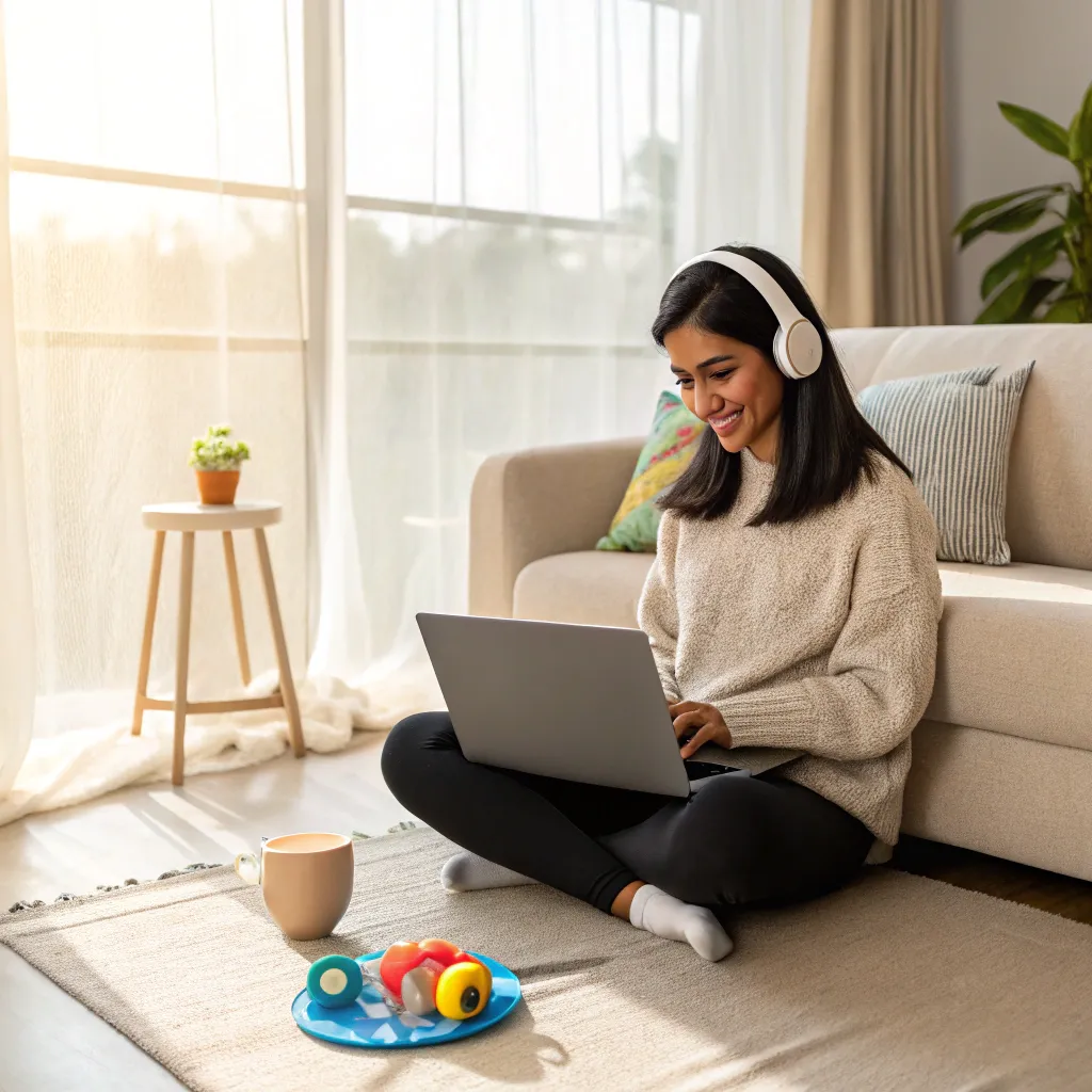 Young Indian woman in her late 20s working from home on a laptop while wearing headphones. She sits cross-legged on a rug in a bright, cozy living room with a toy and coffee nearby.